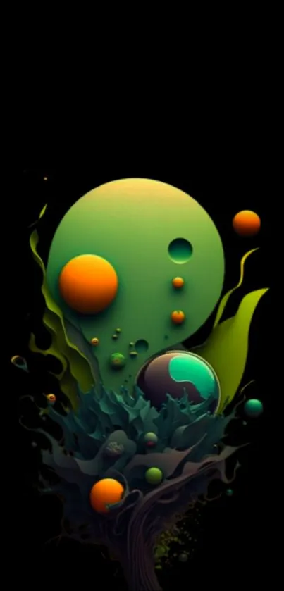 Vibrant abstract art wallpaper with green and orange elements on a black background.