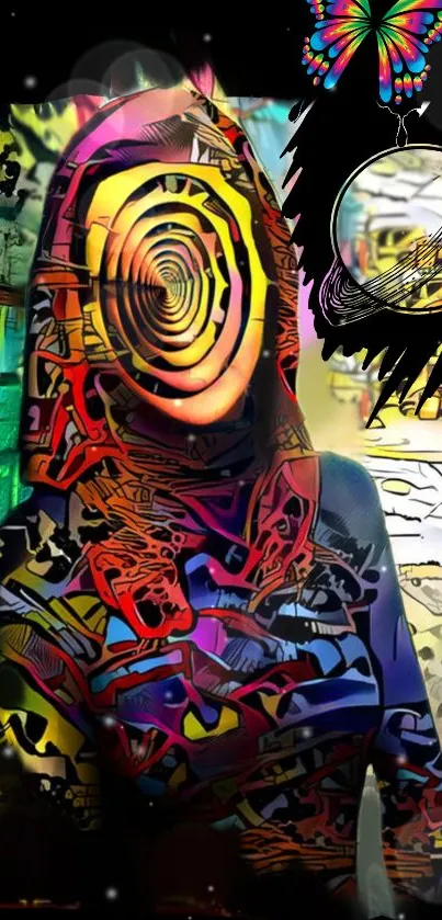 Vibrant abstract art with cosmic elements and psychedelic colors.