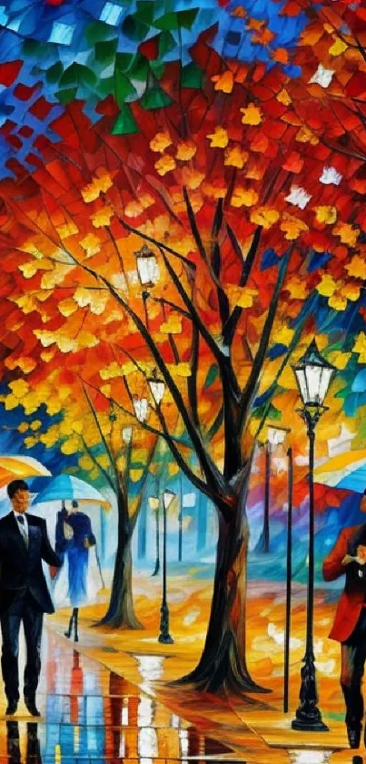 Vibrant abstract autumn scene with colorful umbrellas and trees.