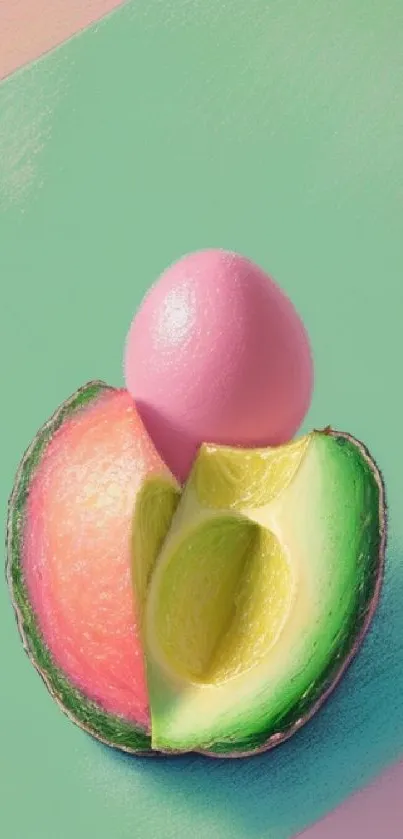 Colorful abstract avocado with a pink seed on a mint green background.