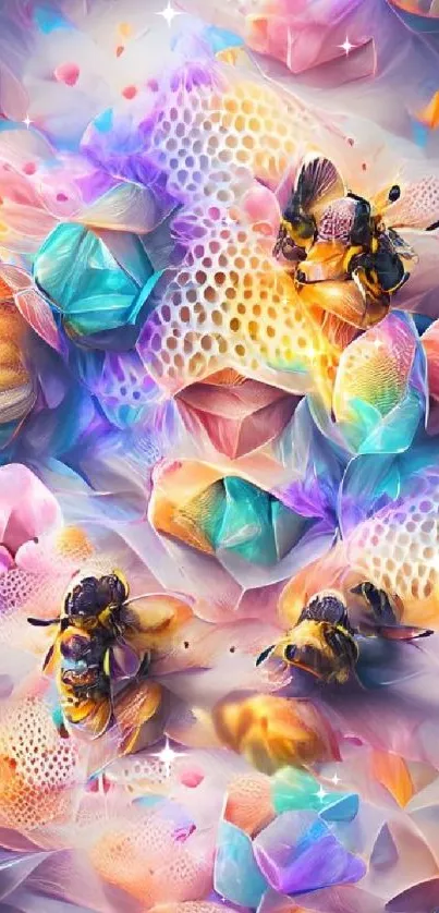 Colorful abstract bee art wallpaper with vibrant patterns and hues.