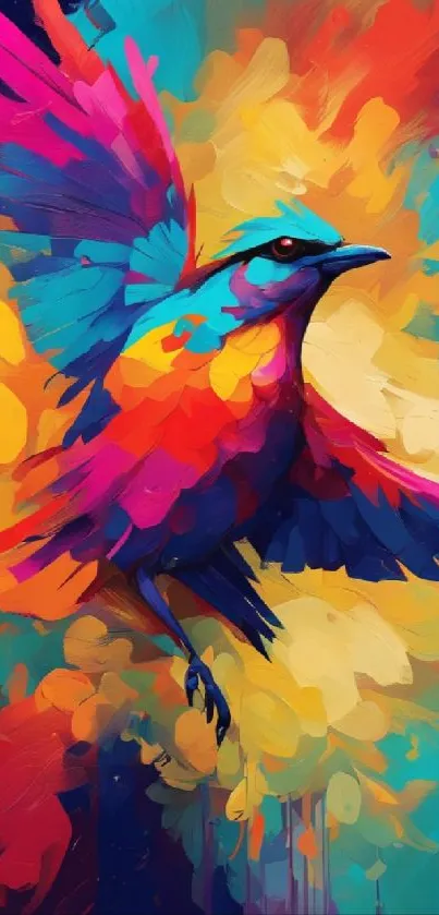 Vibrant abstract bird artwork in bright colors.