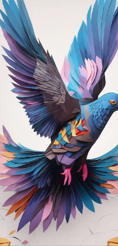 Abstract colorful bird with vibrant paper feathers flying.