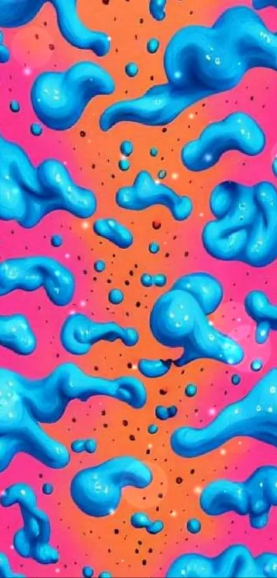 Vibrant abstract wallpaper with blue bubbles on orange-pink background.