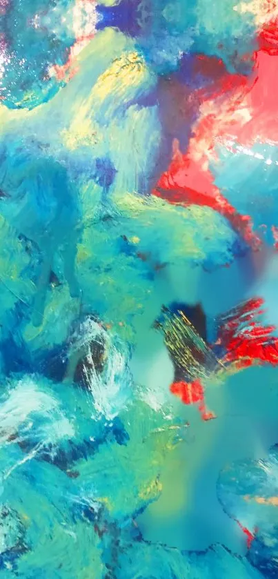 Vibrant abstract wallpaper with teal, blue, and red brush strokes.