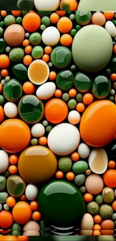Vibrant abstract bubble art with green, orange, and white colors.