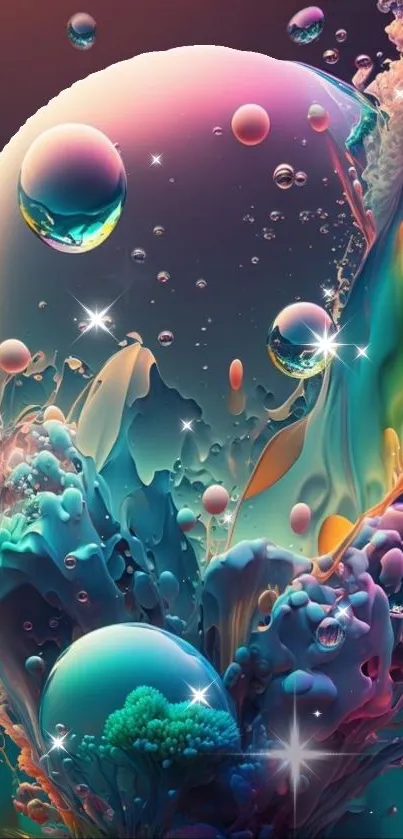 Vibrant abstract art with colorful bubbles and fluid shapes on mobile wallpaper.