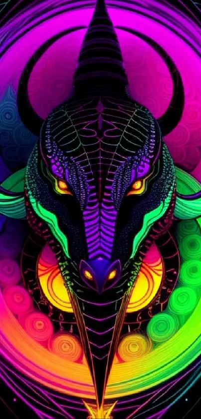 Vibrant neon abstract bull design with intricate patterns.