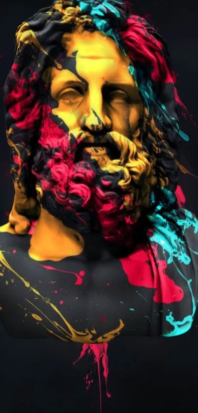 Colorful abstract paint on classical bust art on wallpaper.