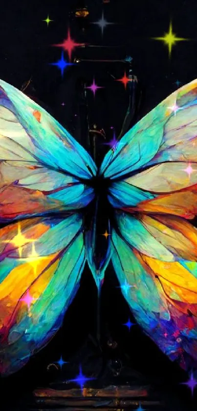 Colorful abstract butterfly art with vibrant, luminous wings on a dark background.