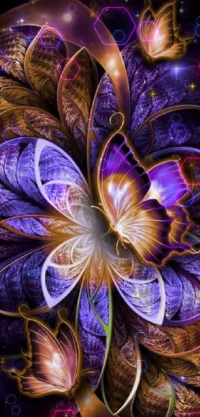 Vibrant abstract butterfly wallpaper with purple, gold, and leaf details.