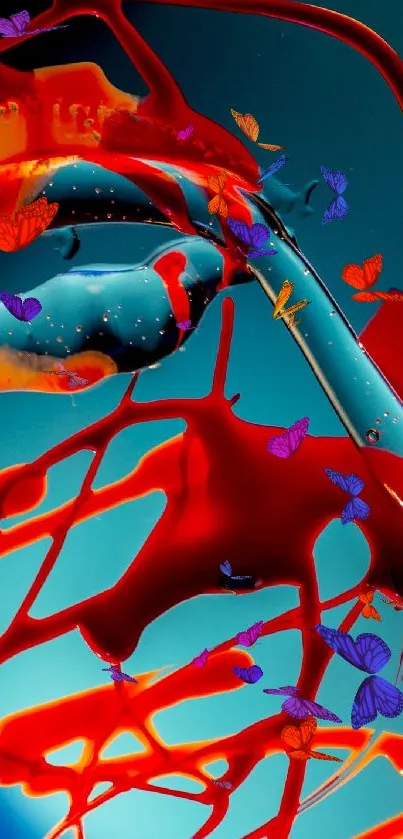 Dynamic abstract wallpaper with red splashes and colorful butterflies.