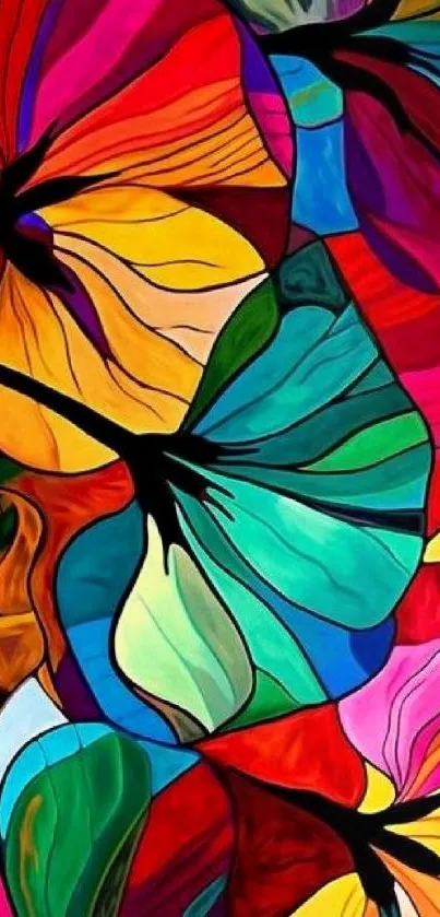 Mobile wallpaper featuring vibrant abstract butterfly art with colorful patterns.