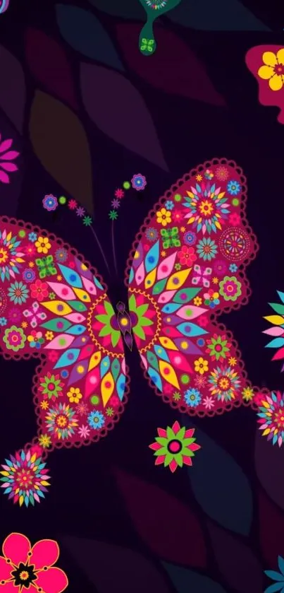 Vibrant abstract butterfly with colorful floral motifs on dark background.