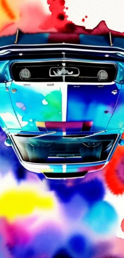 Vibrant abstract car art on watercolor background.