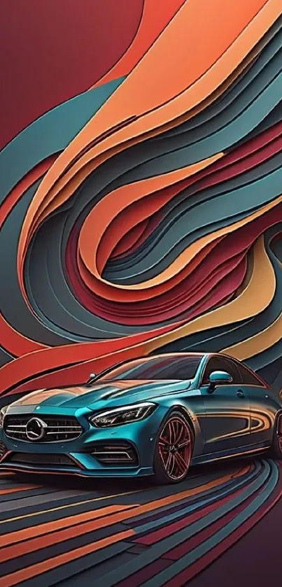Vibrant mobile wallpaper with a blue car and abstract red and orange waves.