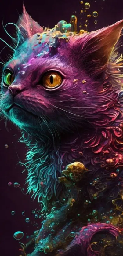 Vibrant abstract cat with colorful fantasy design.