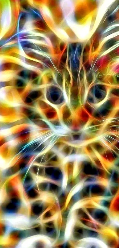 Vibrant abstract cat art with colorful swirling patterns.