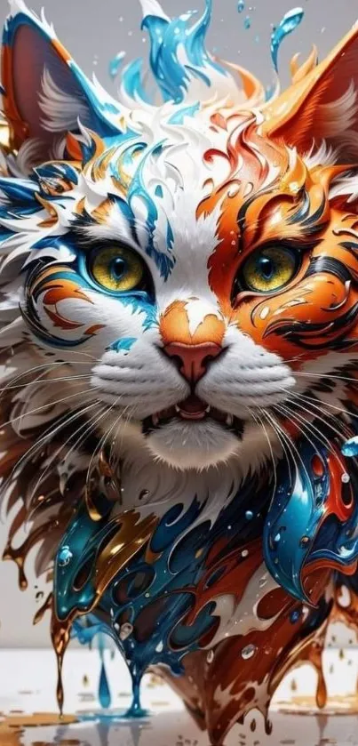 Vibrant abstract cat art with blue and orange hues on a mobile wallpaper.