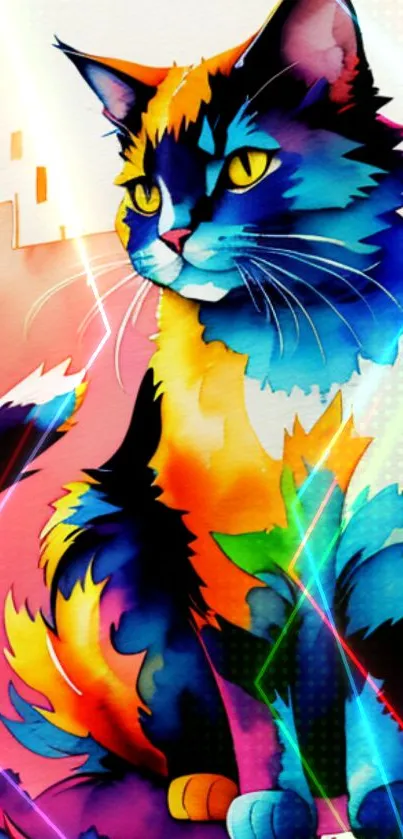 Vibrantly colored abstract cat art wallpaper featuring bold blue tones.