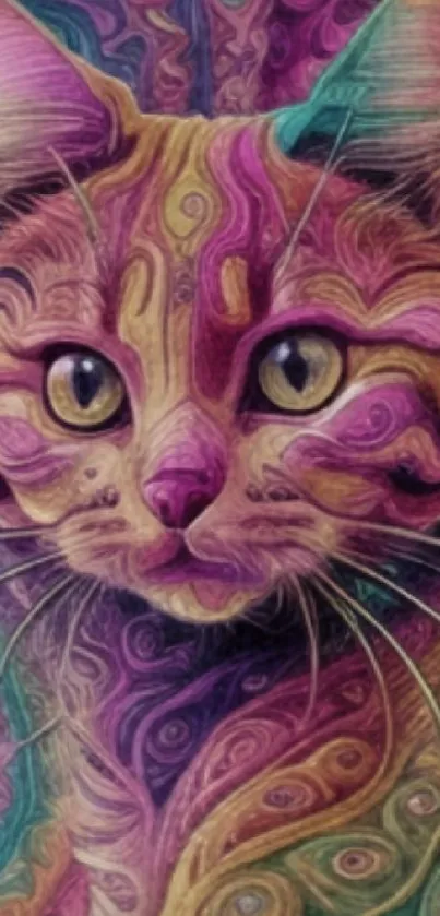 Psychedelic cat wallpaper with vibrant swirls and purple tones.