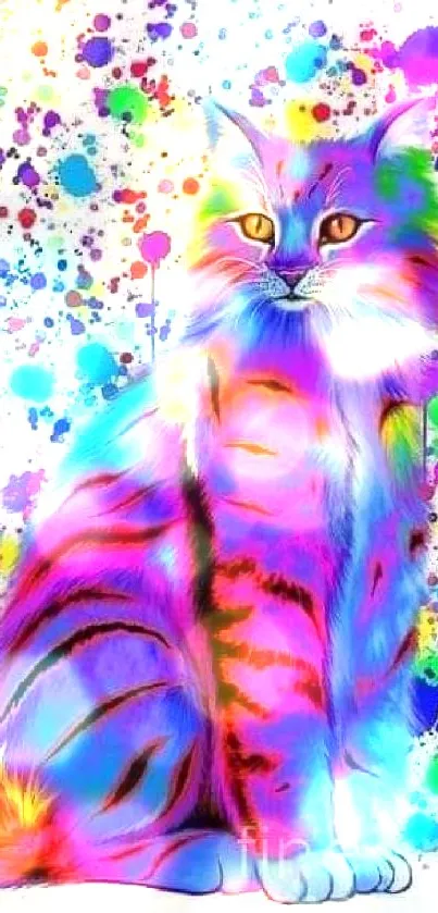 Vibrant abstract cat with colorful splashes on white background.