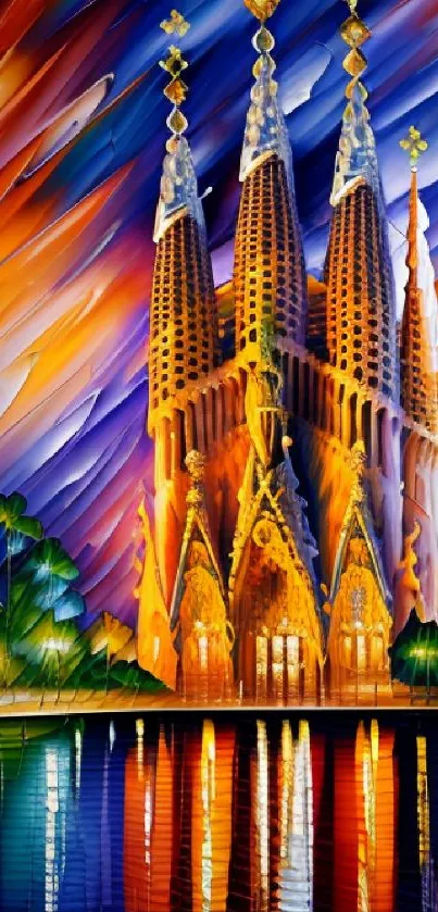 Vibrant abstract cathedral with colorful reflections.