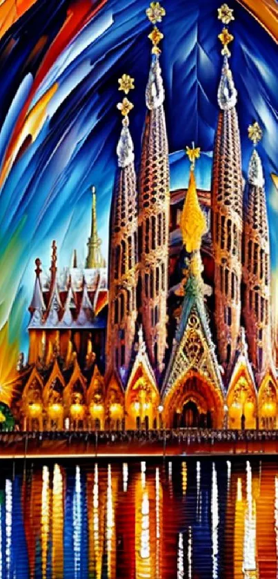 Vibrant abstract cathedral art with dynamic colors and intricate reflections.