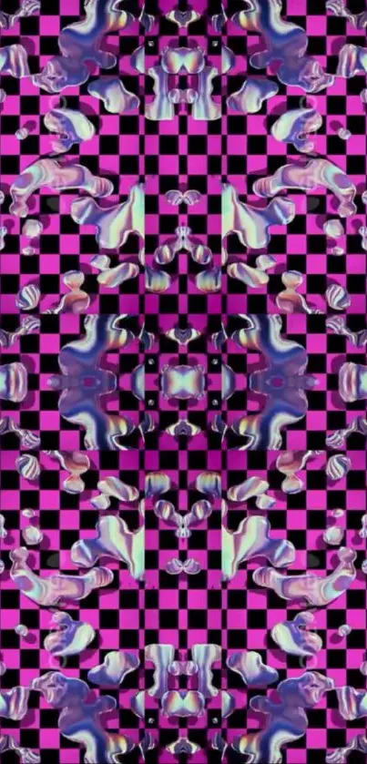 Vibrant abstract checkered pattern with pink accents