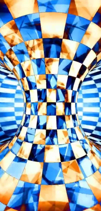 Abstract checkered vortex in blue and orange hues.