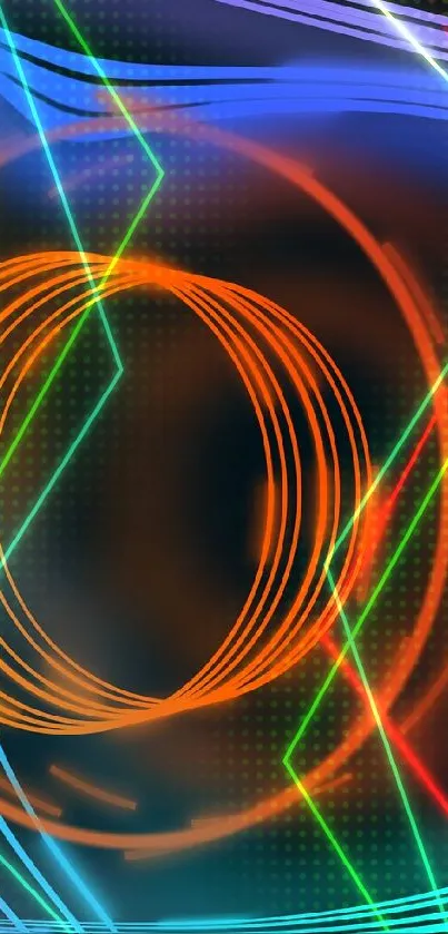 Vibrant abstract wallpaper with swirling neon circles.