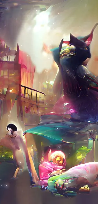 Vibrant abstract cityscape with surreal artistic elements.