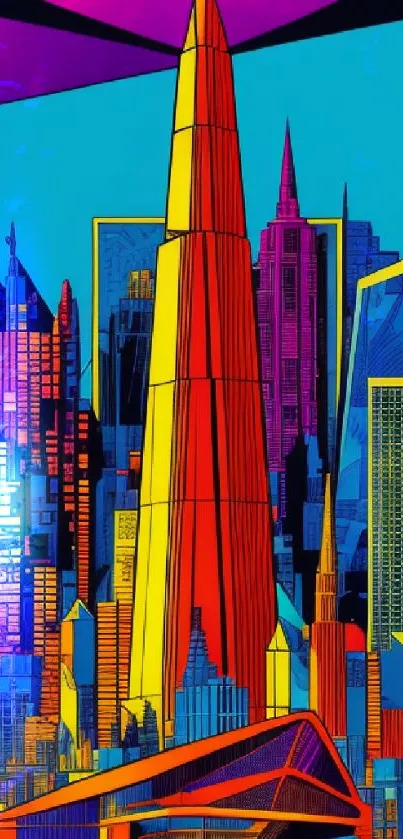 Vibrant abstract cityscape with geometric shapes and colorful skyscrapers.