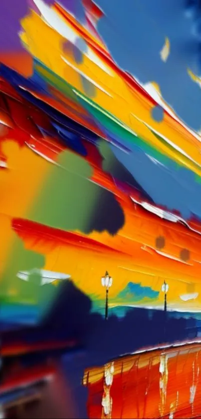 Vibrant abstract cityscape with colorful brush strokes and evening lights.