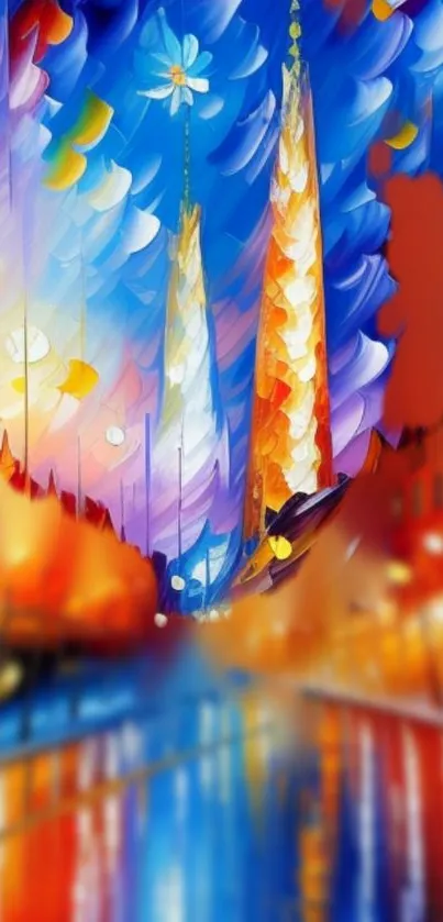 Vibrant abstract cityscape with glowing towers and dynamic color palette.