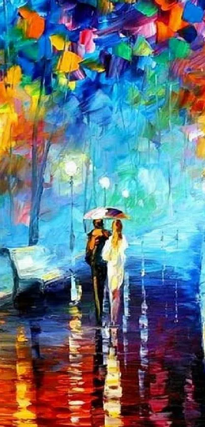 Vibrant abstract cityscape with couple walking under an umbrella.