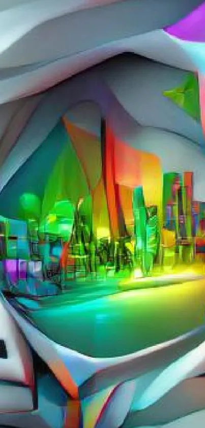 Vibrant abstract cityscape with colorful geometric patterns.