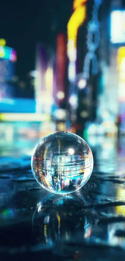 Glass sphere reflecting a vibrant neon cityscape at night.