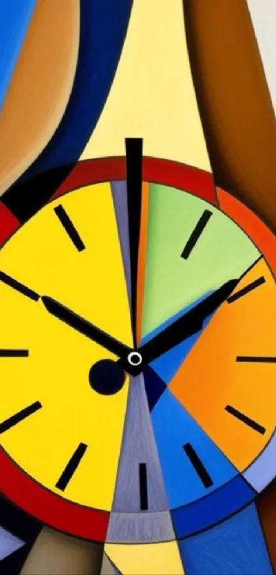 Vibrant yellow abstract clock design with geometric shapes.