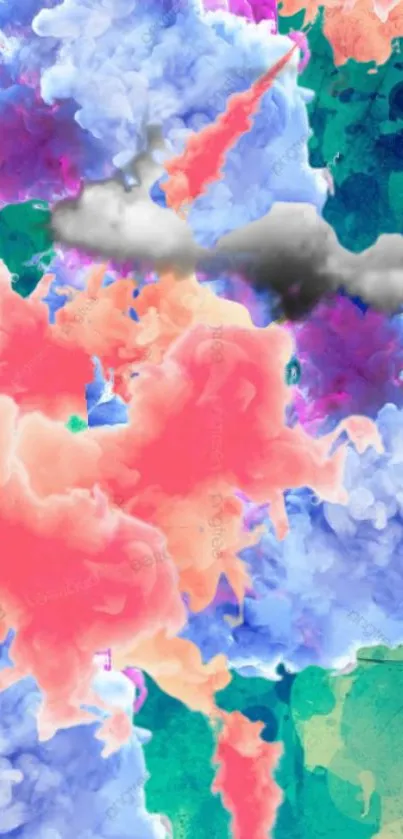 Vibrant abstract clouds in coral and blue hues on wallpaper.