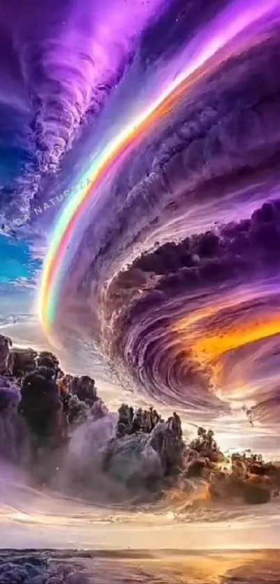 Vibrant swirling purple clouds with rainbow arc.