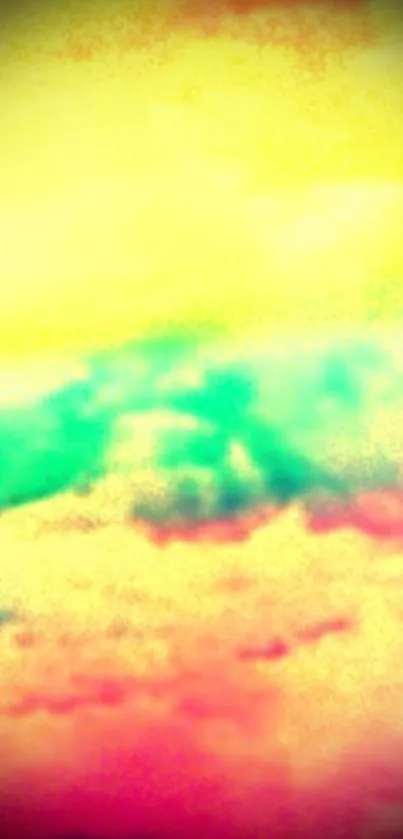 Vibrant abstract cloudscape with yellow, cyan, and red hues.