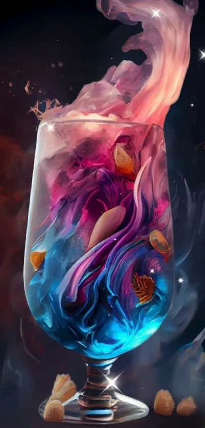 Vibrant abstract cocktail art with swirling colors in a glass.