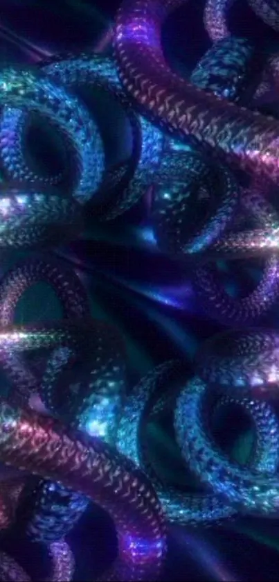 Vibrant abstract wallpaper with neon glowing coils and a purple hue.