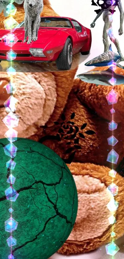 Abstract collage wallpaper with teddy bear, red car, and green planet.
