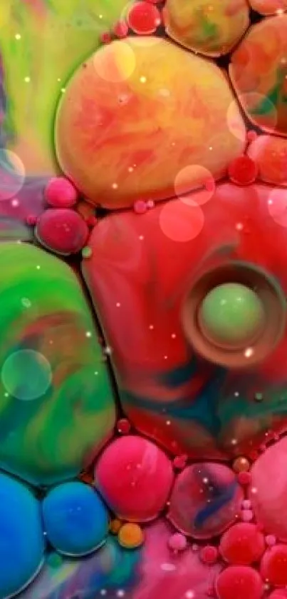 Vibrant abstract wallpaper with colorful bubbles and swirling patterns.