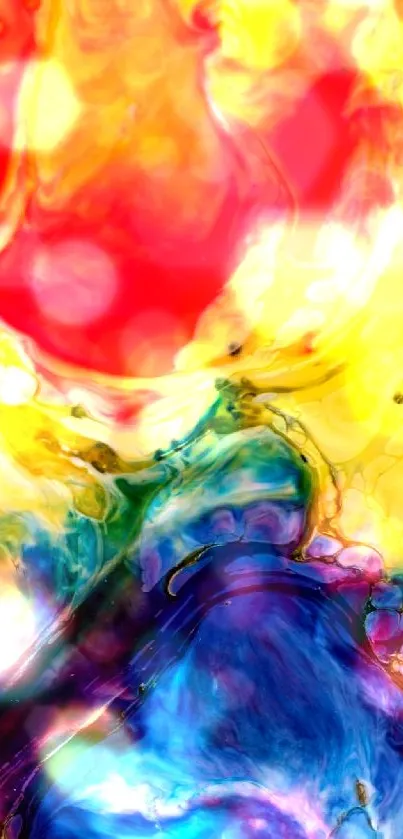 Vibrant abstract wallpaper with red, yellow, and blue swirls.