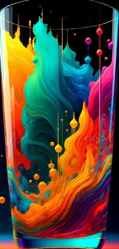 Vibrant abstract color splash in glass shape with swirling paints.