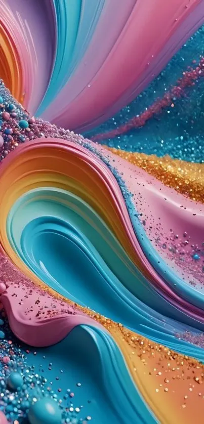 Vibrant abstract color waves with glittering texture.