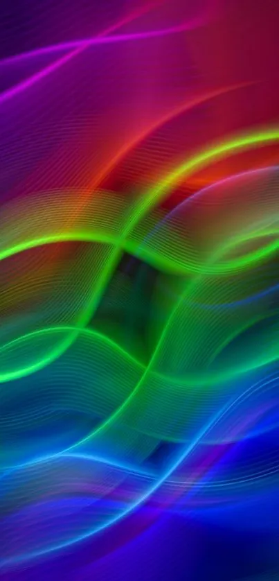 Vibrant abstract wallpaper with colorful wave patterns in red, green, and blue hues.